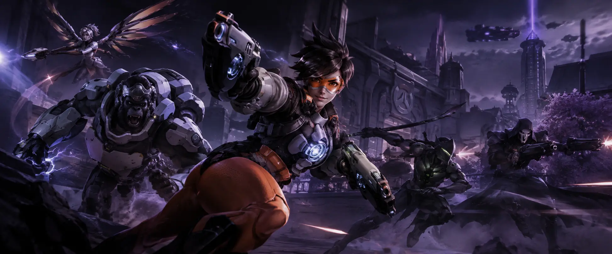 Overwatch 2 heroes Tracer, Winston, Genji, Reaper, and Mercy in a night city battle scene.
